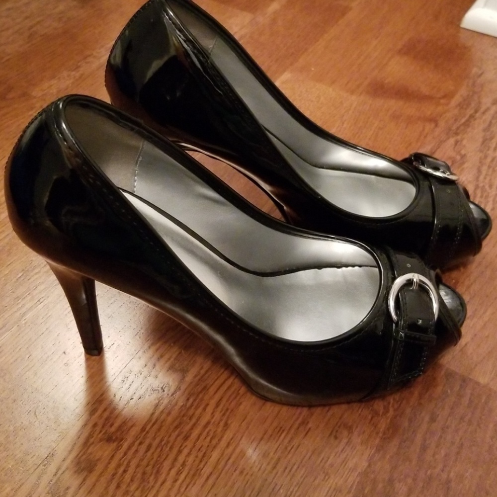 Open toe, black patent heels, size 8.5